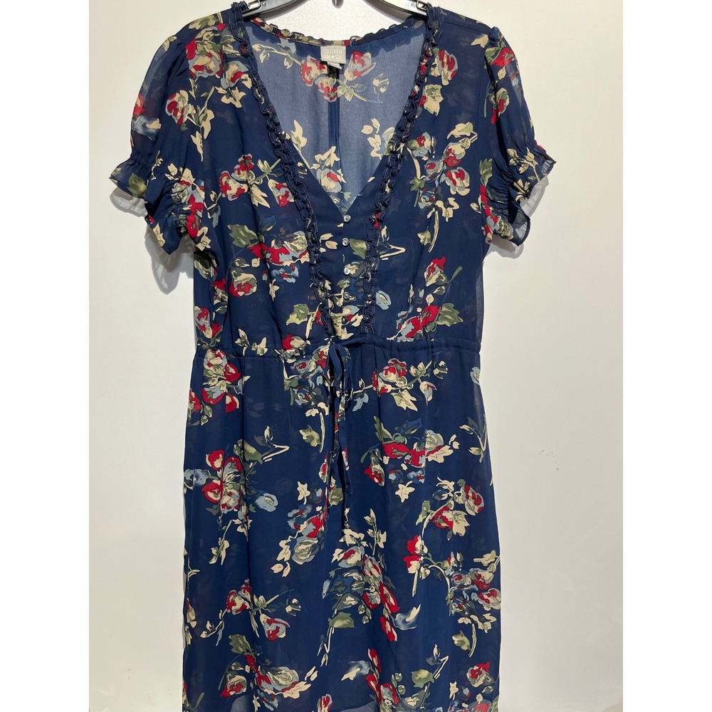 Converse One Star Navy Blue Floral Chiffon V-Neck Ruffle Dress XL Boho Summer